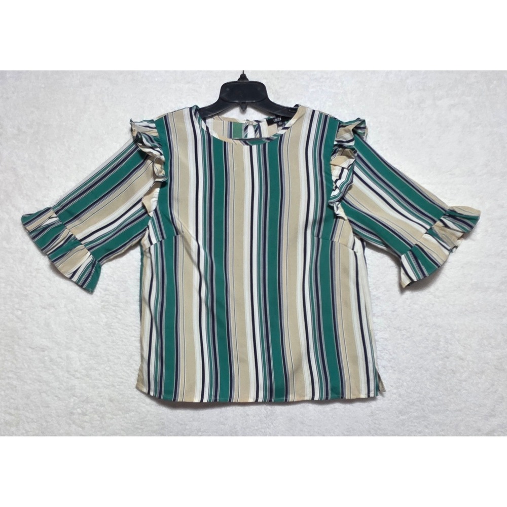 LUCCA Women's Green Striped Ruffle Bell Sleeve Blouse Top Small